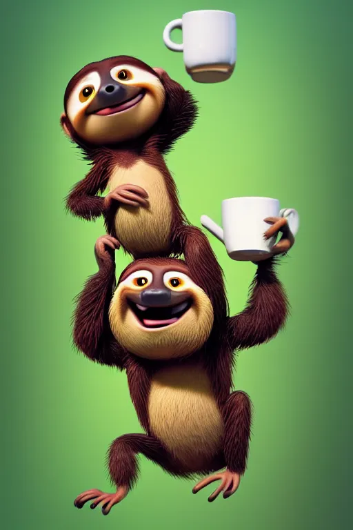 Image similar to one happy sloth climbing a tree in a tropical forest holding one cup of coffee on his hand . Pixar Disney 4K 3d render funny animation movie Oscar winning trending on ArtStation and Behance. Ratatouille style.