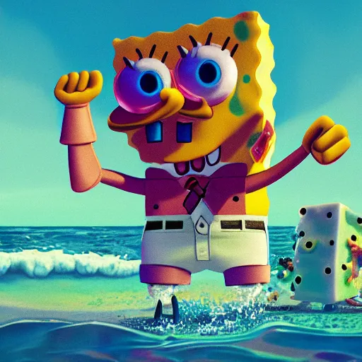 Prompt: spongebob walking on the shore, digital art, by Beeple