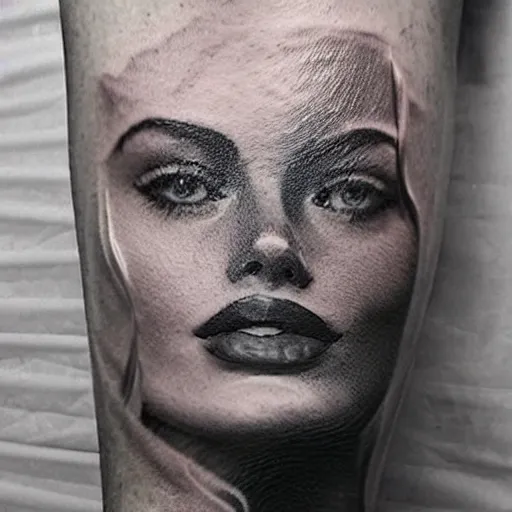 Image similar to double exposure tattoo design sketch of beautiful mountain scenery as margot robbie face, in the style of matteo pasqualin, amazing detail