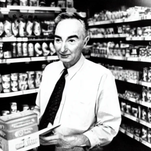 Prompt: photo of robert oppenheimer in the grocery store