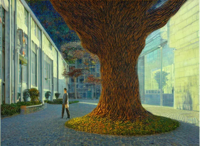 Image similar to portrait of man outside office building, cynical realism, painterly, yoshitaka amano, monet, moebius, beautiful lighting, miles johnston, klimt, tendrils, in the style of, louise zhang, tree of life screenshots, james jean, two figures