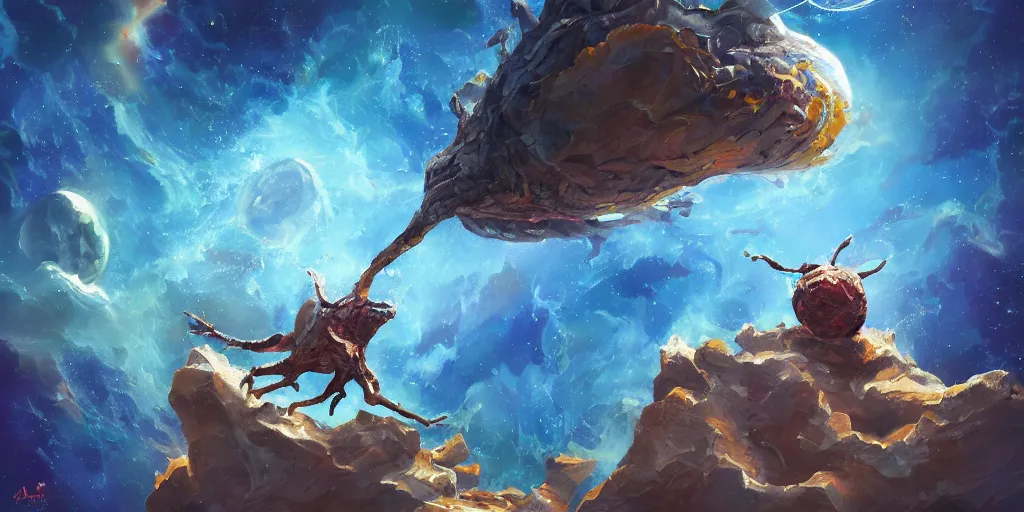 Prompt: abstract painting illustrating a creature jumping from the edge of a planet, its hands are reaching for something in the sky. no details, fantasy art, artstation, trending, ultra detailed, emotional