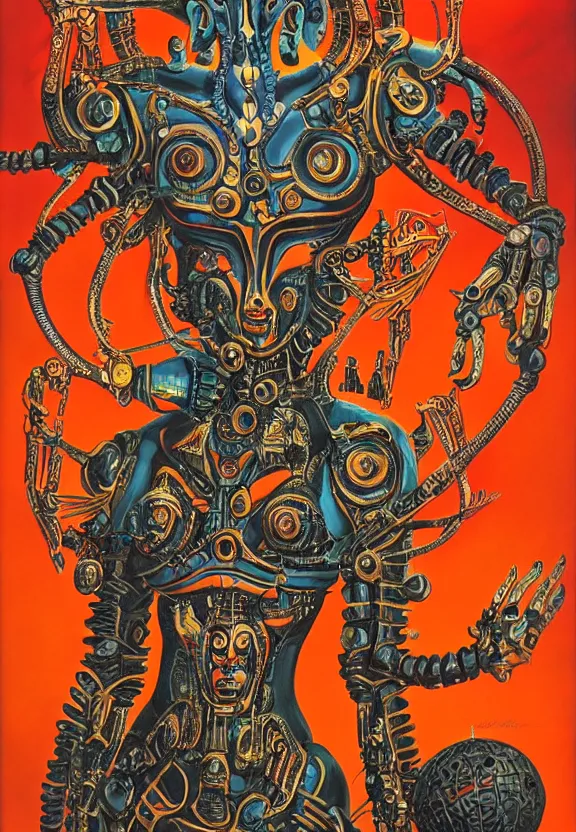 Image similar to biomechanical alien robot goddess kali, female, intense stare, sarcastic smile, symmetrical, concept art, intricate detail, volumetric shadows and lighting, realistic oil painting, 1 9 7 0 psychedelic soviet poster,