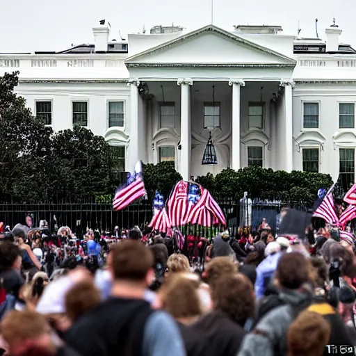 Image similar to a still candid image of hundreds of stormtropers rioting in front of a the white house in washington.!!!, dusk, fire, smoke, kaos, flaming torches and flags