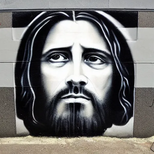 Image similar to Street-art portrait of Jesus in style of Banksy, photorealism