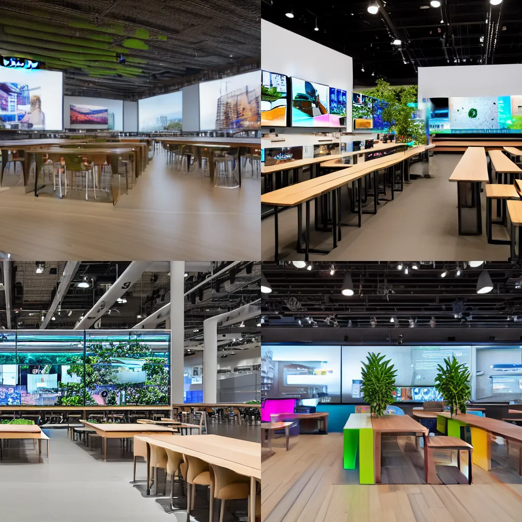 Prompt: (many mobile phones and tablets on display. large tables. wood and concrete flagship retail interior. Samsung Microsoft Apple. empty stools, verdant plants, colorful digital screens) muted colors, wide shot, XF IQ4, 14mm, f/1.4, ISO 200, 1/160s, 8K, RAW, unedited, symmetrical balance, architectural photography