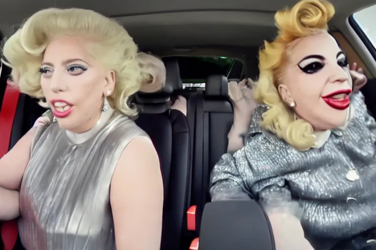 Image similar to carpool karaoke screenshot of lady gaga and judy garland, highly realistic, highly detailed, high resolution, 8 k 4 k,