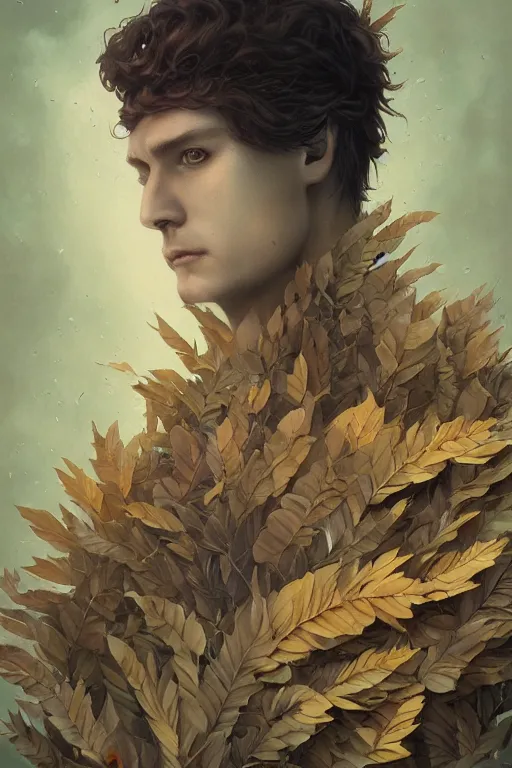 Prompt: portrait of a man made of a leaves, by artgerm, tom bagshaw, gerald brom, vaporwave colors, lo - fi colors, vaporwave, lo - fi, moody vibe, goth vibe, 4 k, hd,