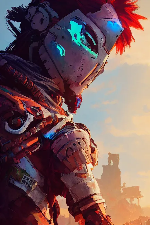 Image similar to combination suit armor aloy horizon forbidden west horizon zero dawn radiating a glowing aura global illumination ray tracing hdr fanart arstation by ian pesty and alena aenami artworks in 4 k tribal robot ninja mask helmet backpack