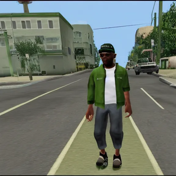 Prompt: screenshot of big smoke in green clothing from gta san andreas for the ps 2