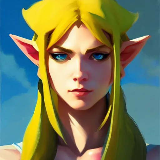 Image similar to portrait of a female Link from legend of Zelda, medium shot, asymmetrical, profile picture, Organic Painting, sunny day, Matte Painting, bold shapes, hard edges, street art, trending on artstation, by Greg Manchess and Huang Guangjian and Gil Elvgren and Sachin Teng
