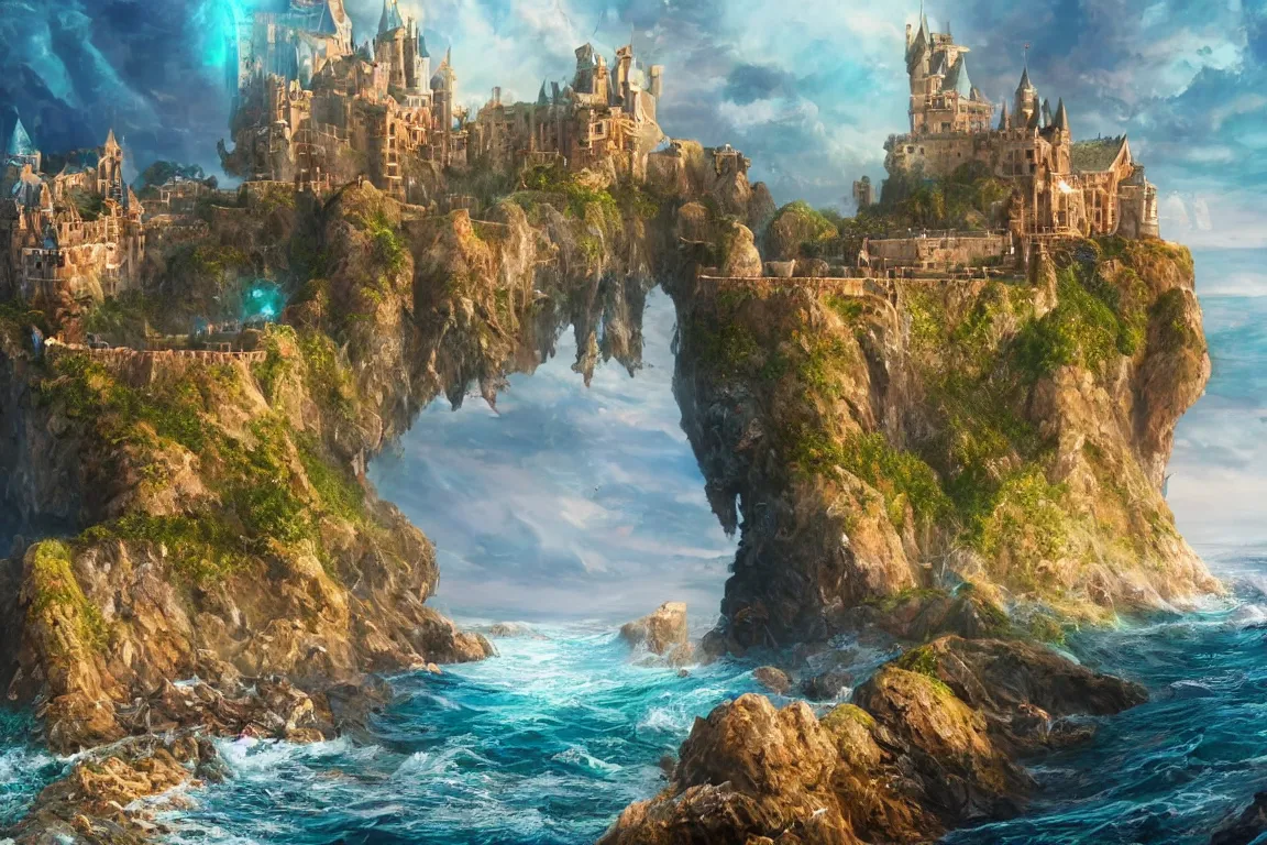 Image similar to an epic fantastic realism painting of a castle city being devoured by the ocean, 8 k, ultra realistic, lens flare, atmosphere, glow, detailed, intricate, full of colour, cinematic lighting, trending on artstation, 4 k, hyperrealistic, focused, extreme details, unreal engine 5, cinematic, masterpiece