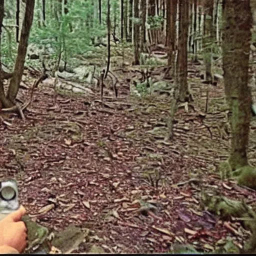 Image similar to A screen capture of found footage video left behind by a missing hiker in 1986