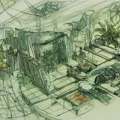 Image similar to annotated highly, detailed and intricate, room full of plants + marker concept art style rendering, concept art, half blueprint, trending on artstation, intricate details, john berkey, vincent di fate, ralph mcquarrie, center frame, annotations, metalic green, kelsey grammer sketch
