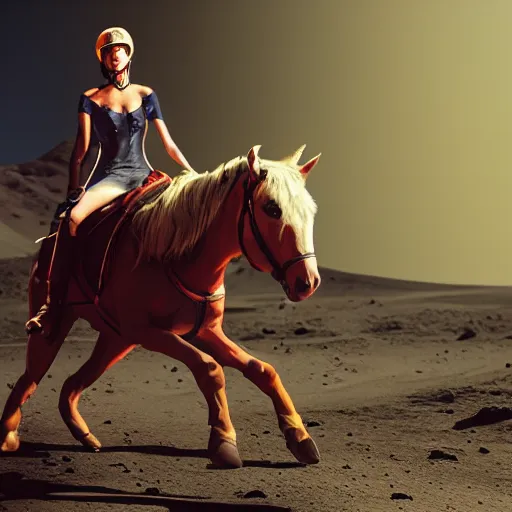 Prompt: A hyper real comic book style portait painting of Annita riding a horse on the moon, unreal 5, hyperrealistic, octane render, cosplay, RPG portrait, dynamic lighting