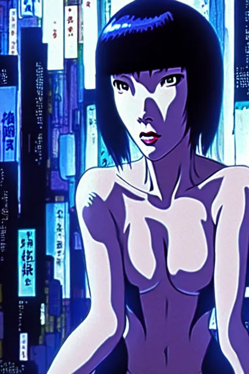 Prompt: film still from ghost in the shell, style of yoshii chie, cinematic, highly detailed