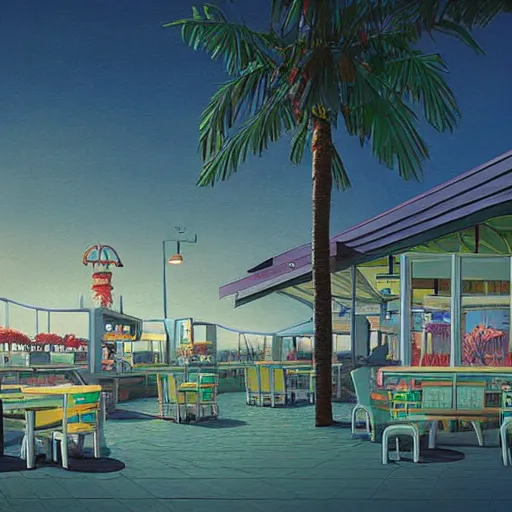 Image similar to inside beachfront fast food restaurant with palm trees by simon stalenhag