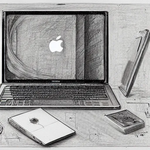 Image similar to drawing of macbook prototype by leonardo da vinci, lot of notes and figures, antique drawing, sketch, art, intricate details, highly detailed