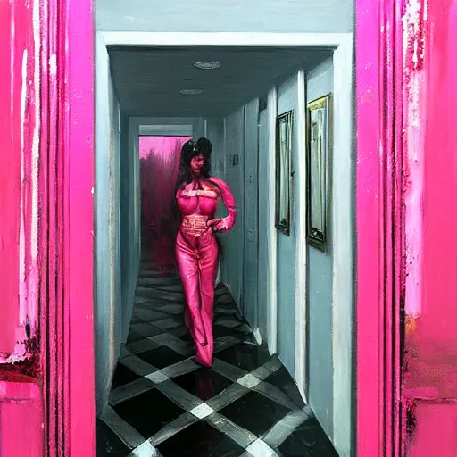 Image similar to diego dayer, hyperrealistic surrealism, award winning masterpiece with incredible details, a surreal vaporwave painting of bright pink door leading to nowhere, mirrors everywhere, highly detailed, hallway with black and white checkered floor, intricate, elegant