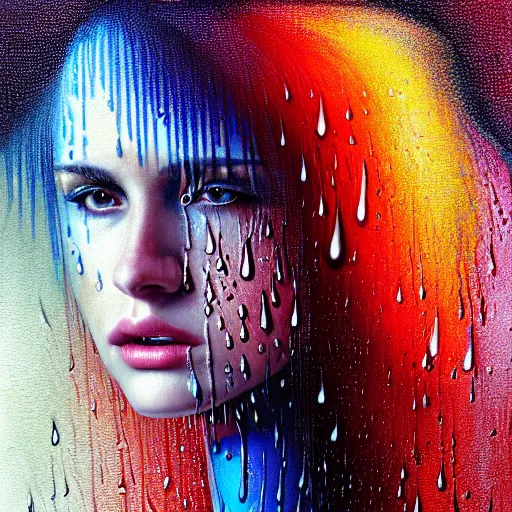 Image similar to dramatic asthetic portrait of revelation in uniquely colored rain with wet hair and face, liquid drops, epiphany, bliss, fantasy, intricate, elegant, dramatic lighting, highly detailed, lifelike, photorealistic, digital painting, artstation, concept art, smooth, sharp focus, illustration, art by John Collier and Albert Aublet and Krenz Cushart and Artem Demura and Alphonse Mucha