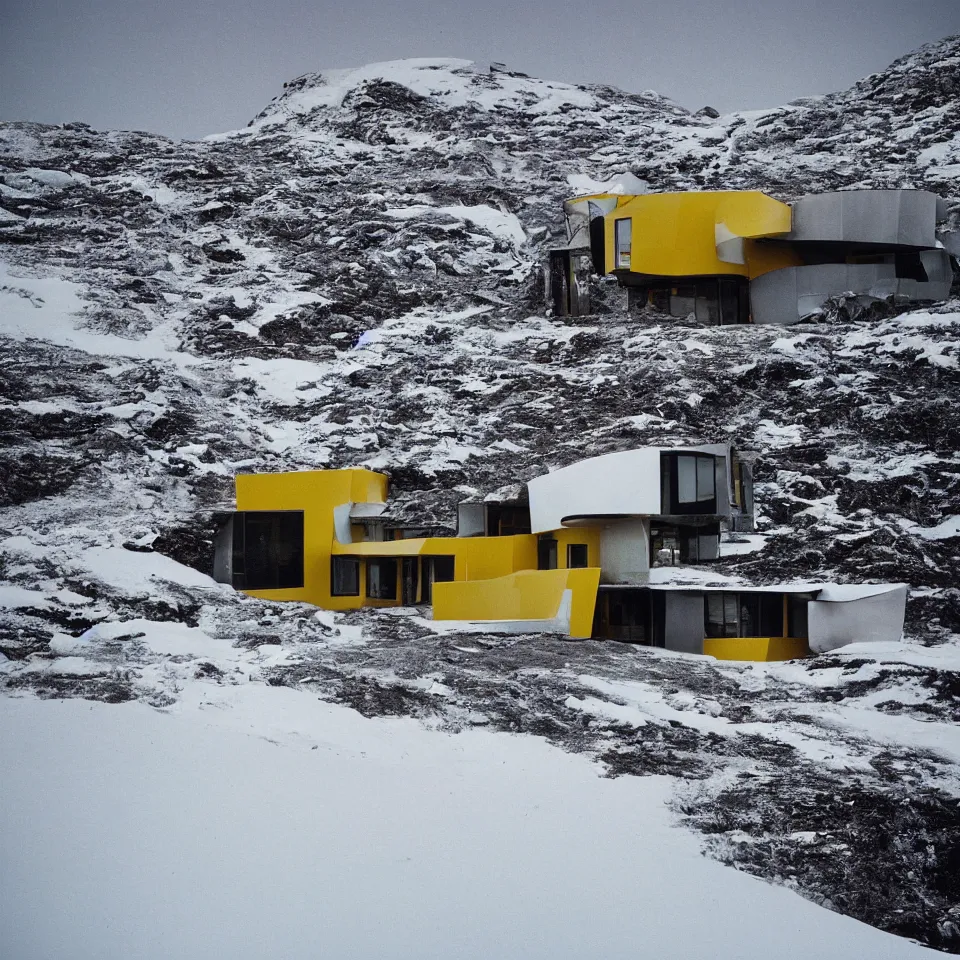 Image similar to an asphalt road leading to a mid-century modern house on top of a cliff in the arctic, covered with snow, designed by Frank Gehry. Big tiles. A car is parked in front. Film grain, cinematic, yellow hue