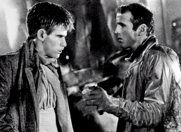 Prompt: scene with Deckard and Rachel from the 1912 science fiction film Blade Runner