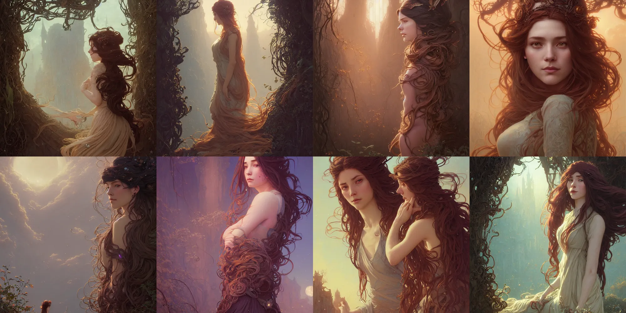 Image similar to highly detailed portrait of a woman with long hairs, stephen bliss, unreal engine, fantasy art by greg rutkowski, art nouveau, loish, rhads, ferdinand knab, makoto shinkai and lois van baarle, ilya kuvshinov, rossdraws, tom bagshaw, alphonse mucha, global illumination, radiant light, detailed and intricate environment