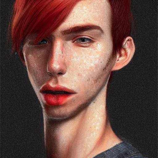 Image similar to portrait of a thin young man with long red hair, ponytail, a lot of freckles on his face, intricate, elegant, glowing lights, highly detailed, digital painting, artstation, concept art, smooth, sharp focus, illustration