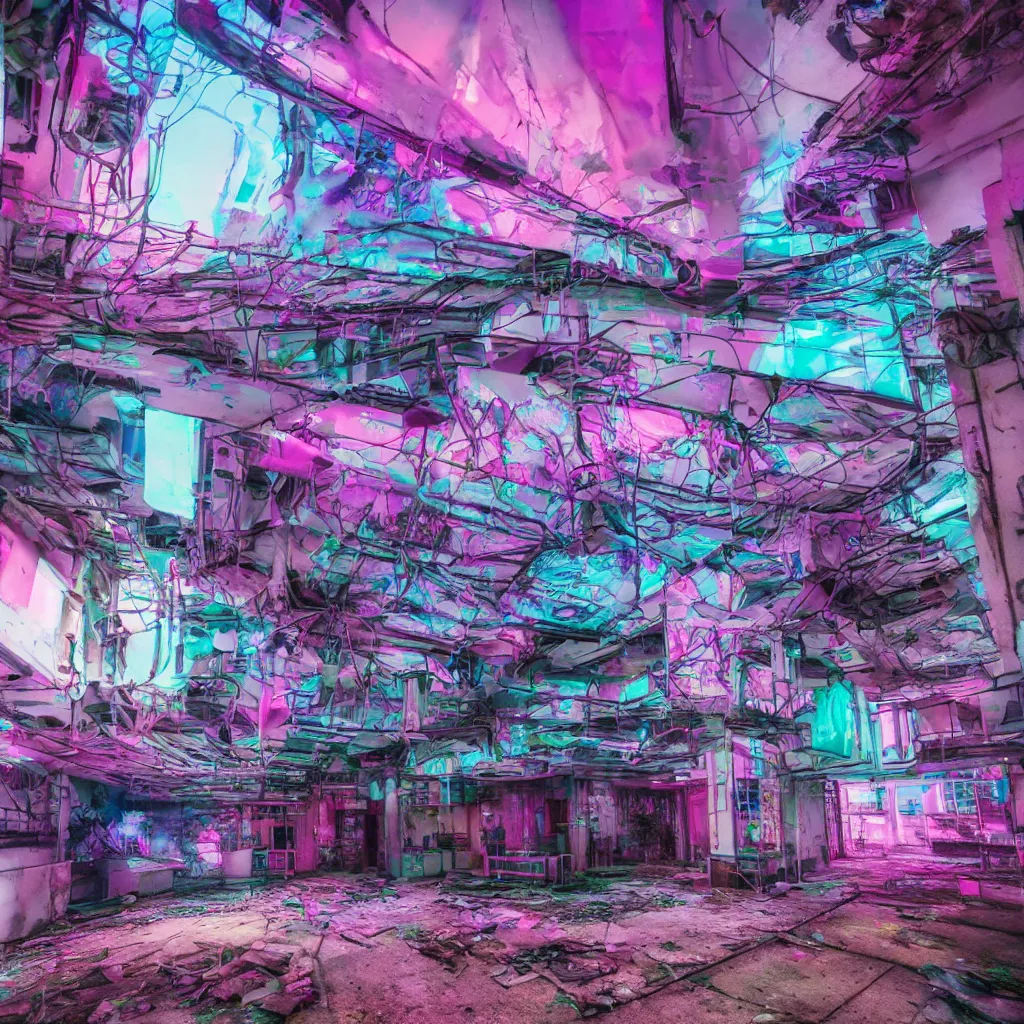 Image similar to urbex, vaporwave synthwave cyberpunk psychedelic