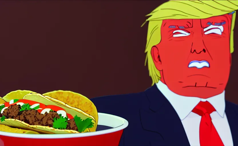 Prompt: beautiful makoto shinkai style digital film still portrait of donald trump giving a thumbs up behind a taco bowl, 4 k, 8 k, hd, high resolution, highly detailed, intricate detail, ultra realistic faces, digital art, trending on artstation, your name, weathering with you