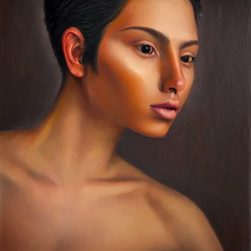 Image similar to A portrait of a thin trendy and gorgeous non-binary person, saturated skin tone, Mexican, oil painting, majestic, detailed, high resolution