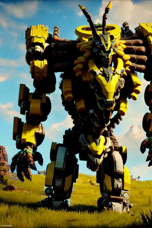 Prompt: a cinematic still from horizon zero dawn, skinny full body yellow humanoid, full body yellow bumblebee mech, decepticon armor plating, octane render, nvidia raytracing demo, masterpiece, aged armor plating, aggressive head,