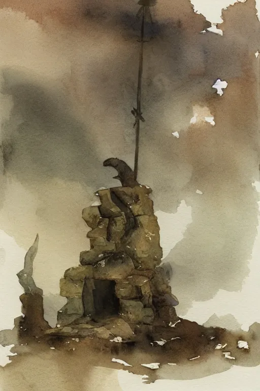 Prompt: abstract watercolor painting of viking monument, in stone and wood, magical and traditional, cinematic light, national romanticism by anders zorn