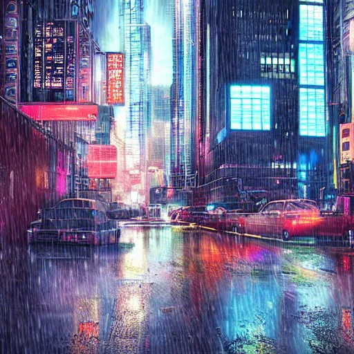 Prompt: A sad, melancholy cyberpunk city as seen through a rainy window, colorful, beautiful, striking, digital art