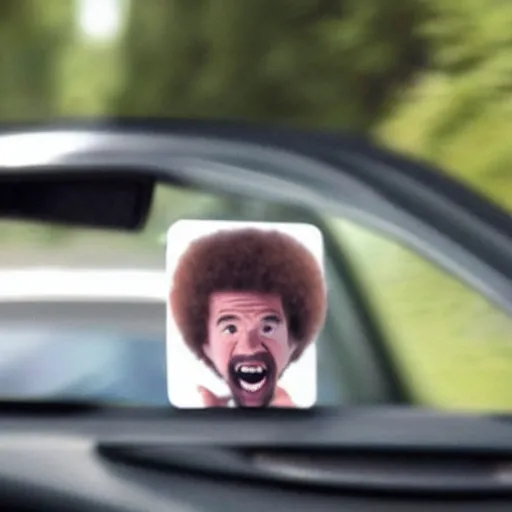 Image similar to a tiny screaming angry bob ross running your in rear view mirror