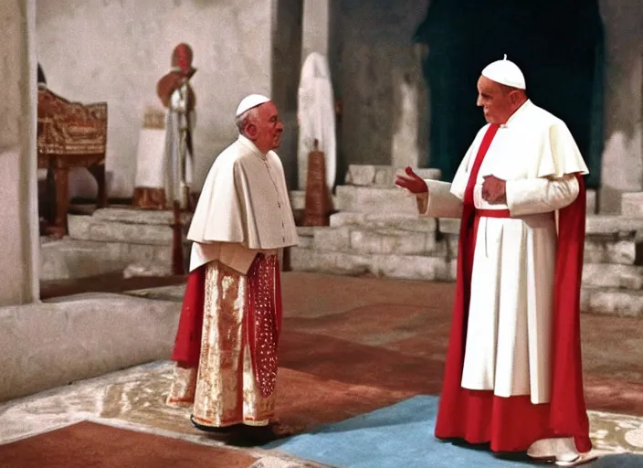 Image similar to a film still of the pope dresses in egyptian style as the faraoh, in the 1 0 commandments ( 1 9 5 6 ), technicolor color