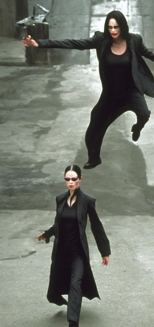 Prompt: A film still of Lois Theroux as Neo from The Matrix