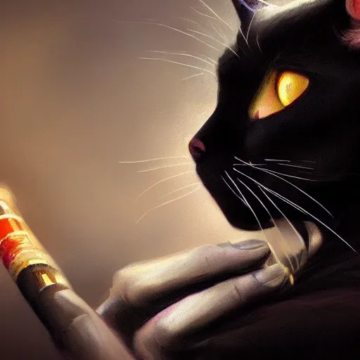 Image similar to a portrait of a black cat smoking a cigarette fantasy intricate cinematic lighting highly detailed digital painting artstation concept art smooth