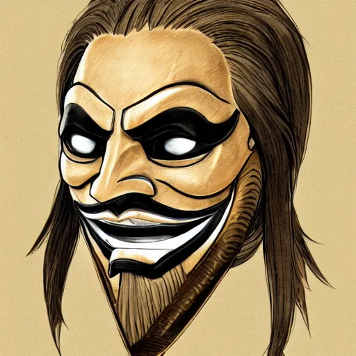 Prompt: portrait of plagiat wearing guy fawkes mask, anime fantasy illustration by tomoyuki yamasaki, kyoto studio, madhouse, ufotable, trending on artstation