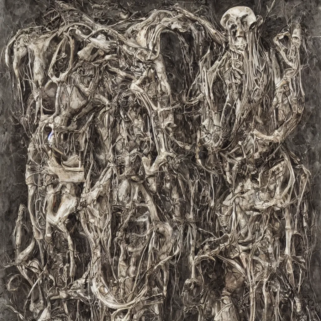 Image similar to realistic shot bloody bones, organs and flesh, biomechanical technology, natural light, by h r giger
