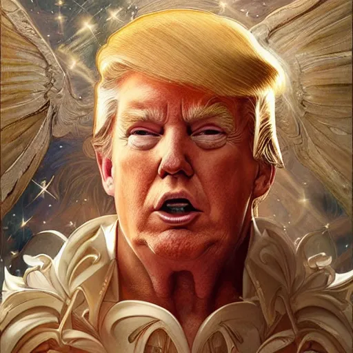 Image similar to donald trump as a heavenly god, upper body, muscular, fantasy, intricate, elegant, highly detailed, digital painting, artstation, concept art, smooth, sharp focus, illustration, art by artgerm and greg rutkowski and alphonse mucha