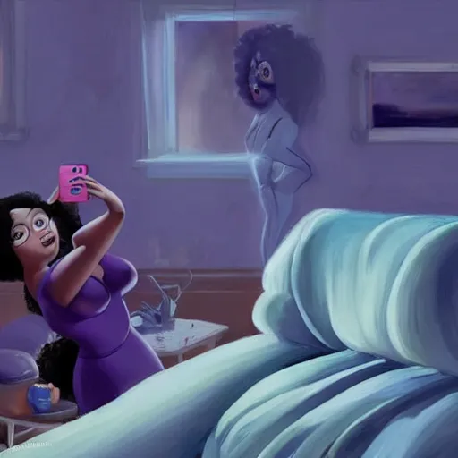 Image similar to stunning, coherent, beautiful painting, still of a giant man destroying a beautiful black bbw woman in her bed , she is taking a selfie of the creepy man is following her, 3d, in the style of pixar, comic book style, 3d, highly detailed, highly detailed, sharp focus, bokeh, depth of field, 16k resolution, Unreal Engine 5, coherent, cinematic lighting, photorealistic, by Zhang Jingna