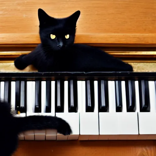 Prompt: black cat sitting on a piano