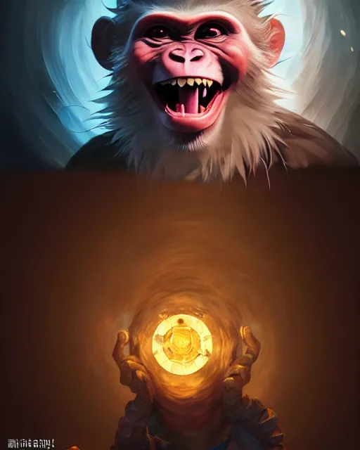 Image similar to Monkey Mad Scientist, laughing, D&D, artstation, fantasy, magic the gathering artwork, cinematic lighting, centered, symmetrical, highly detailed, digital painting, , concept art, smooth, sharp focus, illustration, volumetric lighting, epic Composition, 8k, art by Akihiko Yoshida and Greg Rutkowski and Craig Mullins, oil painting, cgsociety