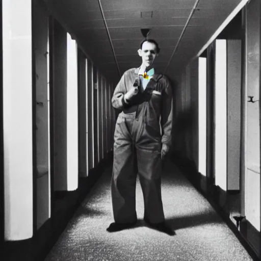 Image similar to a 1 9 5 0 s male scientist wearing a lab coat standing lost in the backrooms, mono - yellow old moist carpet, empty liminal space, very dark shadows, broken fluorescent lighting, horror movie scene, film grain