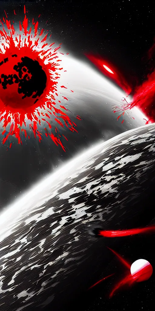 Prompt: black white red, graphic design banner of an exploding raving planet by zhelong xu, hyperrealistic, graphics
