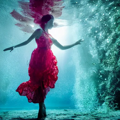 Image similar to woman dancing underwater wearing a dress made of seaweed that is flowing in the current, lighting with caustics from sunlight, cinematic, photorealistic