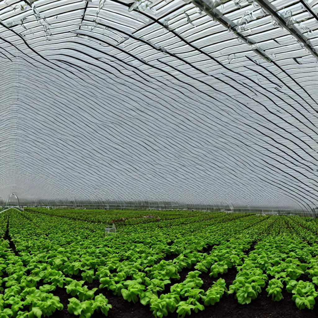 Prompt: zaha hadid style greenhouse, irrigation system in the background, racks of vegetables propagated under shadecloth, in the middle of the desert, with a miniature indoor lake, XF IQ4, 150MP, 50mm, F1.4, ISO 200, 1/160s, natural light at sunset with outdoor led strip lighting