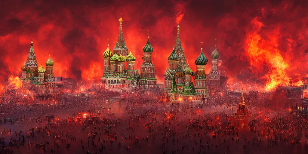 Image similar to beautiful image of burning Red Square in Moscow with fire, saturated, detailed lighting, high quality, sharp focus, intricate, digital painting, artstation, 8k