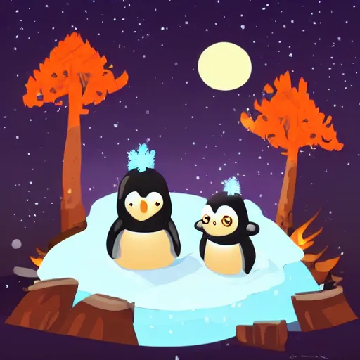 Image similar to two happy cute chibi penguins sitting around a campfire near a cave entrance to a mountain, there is a forest of trees in the background and a small frozen lake in the distance, trending on artstation, 3d digital artwork, cinematic lighting, 4K, very full detail, vector, amazing artwork, trending on Behance award-winning art, kawaii